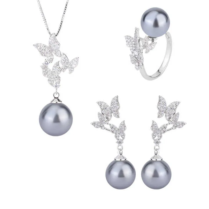 طقم مجوهرات من اللؤلؤ على شكل فراشة - Butterfly Pearl Jewelry Set for Women