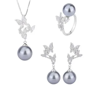 طقم مجوهرات من اللؤلؤ على شكل فراشة - Butterfly Pearl Jewelry Set for Women