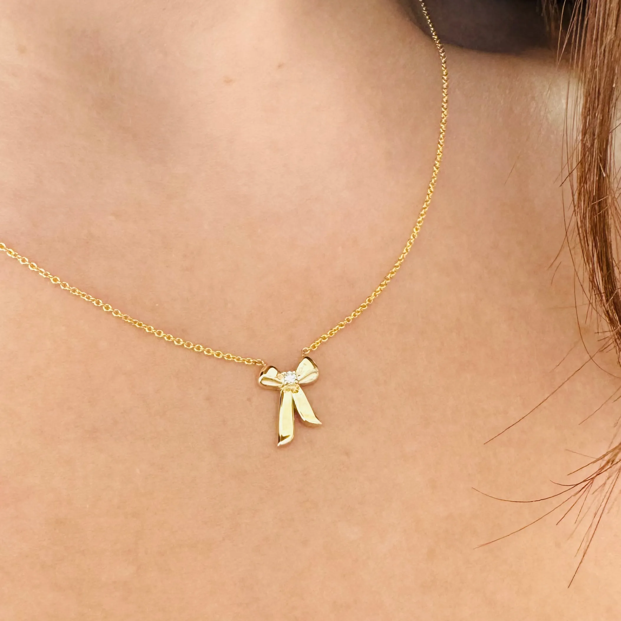 14K Yellow Gold Diamond Bow Necklace
