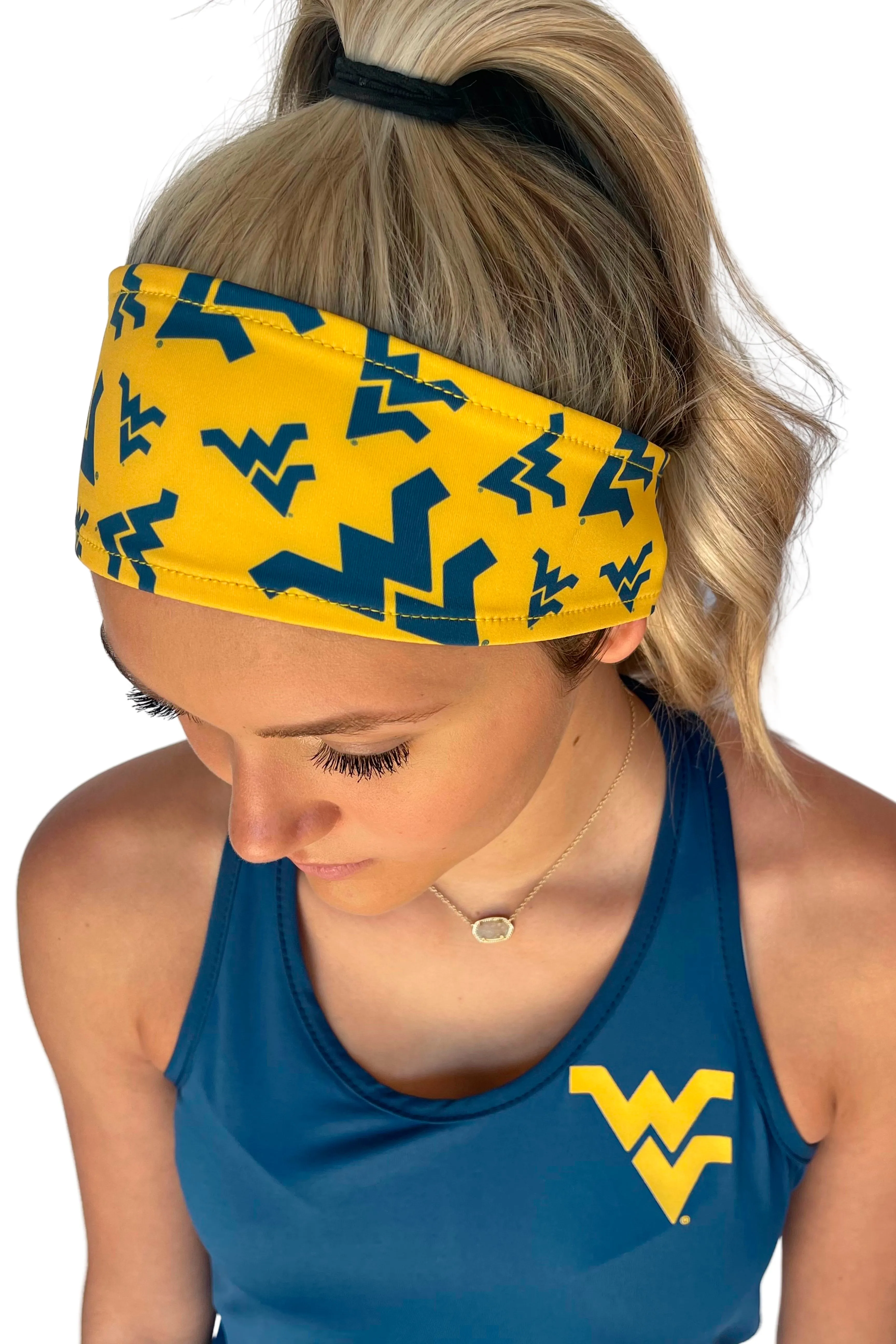 913 - West Virginia University Reversible Headband Navy w/Gold