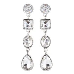 Bridal Wedding Jewelry Crystal Stones Multi Shapes Linear Drop Earrings Silver