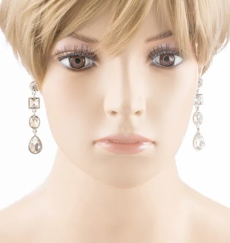Bridal Wedding Jewelry Crystal Stones Multi Shapes Linear Drop Earrings Silver