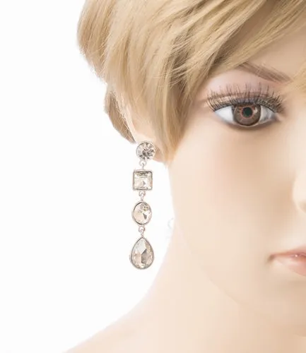 Bridal Wedding Jewelry Crystal Stones Multi Shapes Linear Drop Earrings Silver
