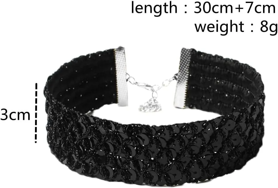 COLORFUL BLING Chunky Wide Sexy Lace Velvet Short Collar Necklace Shiny Thick Rhinestone Metal Sequins Choker Necklace Party Costume Jewelry for Women