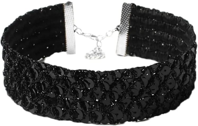 COLORFUL BLING Chunky Wide Sexy Lace Velvet Short Collar Necklace Shiny Thick Rhinestone Metal Sequins Choker Necklace Party Costume Jewelry for Women