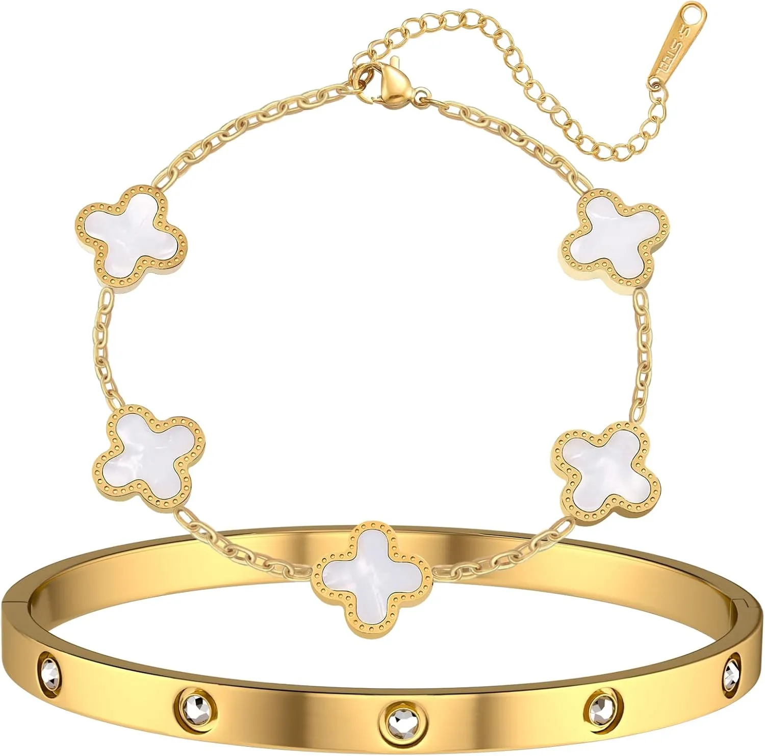 Gold Plated Stackable Bracelets for Women, Lucky Floral Bracelets Set Love Friendship Clover Bangle Non Tarnish Trendy Gift for Girlfriend Wedding Party Birthday