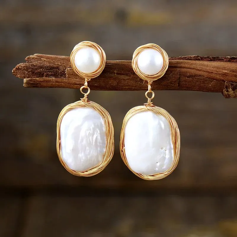 Golden Wire Wrapped Pearl Earrings