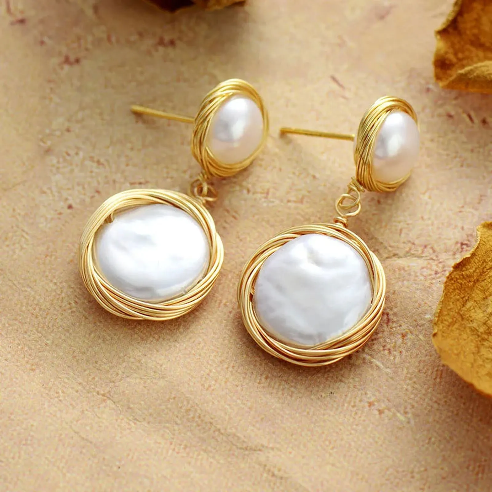 Golden Wire Wrapped Pearl Earrings