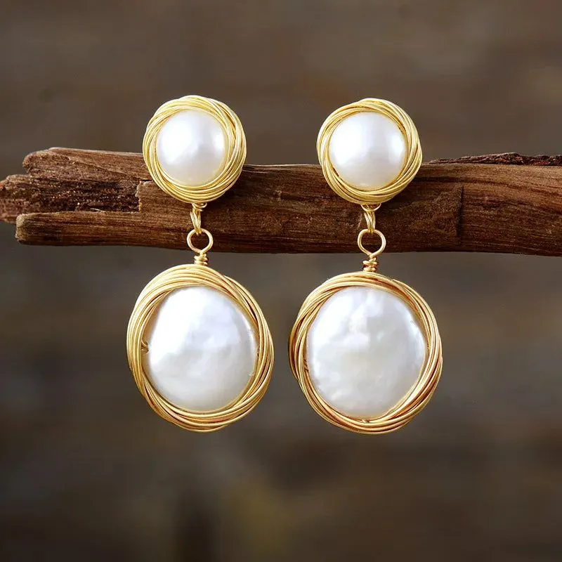 Golden Wire Wrapped Pearl Earrings