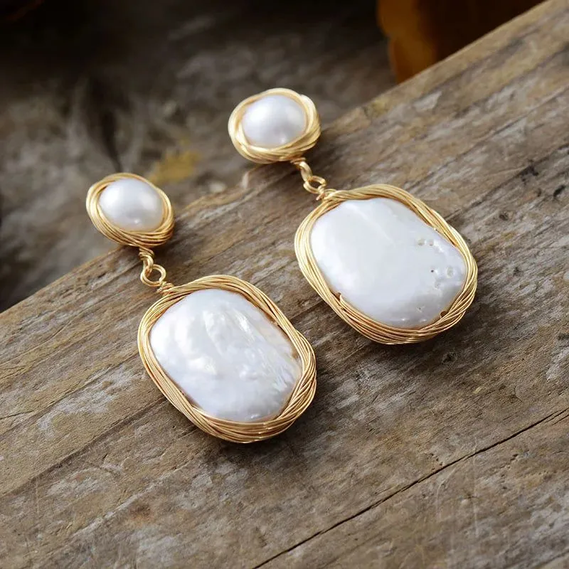 Golden Wire Wrapped Pearl Earrings