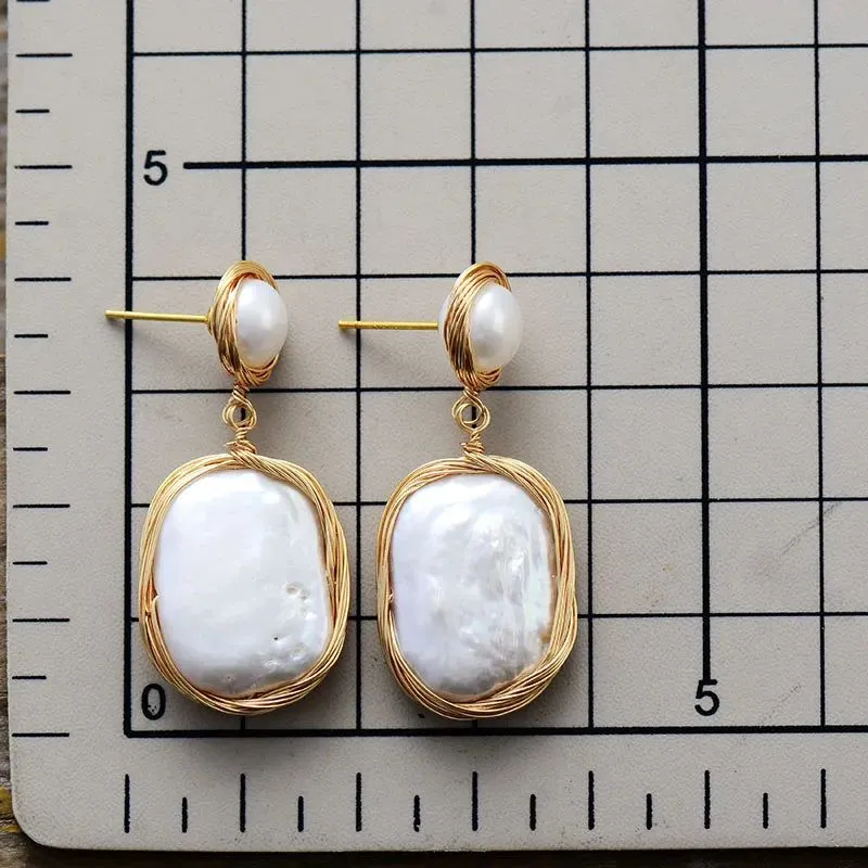 Golden Wire Wrapped Pearl Earrings