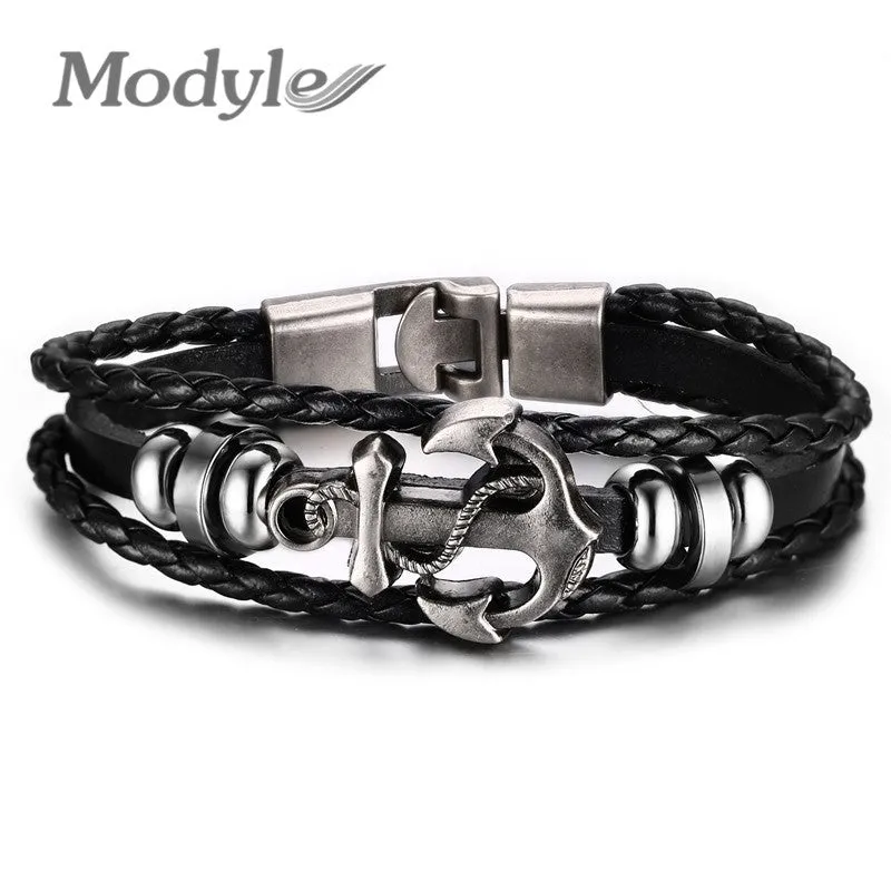 Modyle Fashion Jewelry Multilayer Stainless Steel Anchor Bracelet for Women Leather Bracelets & Bangles Men Jewelry