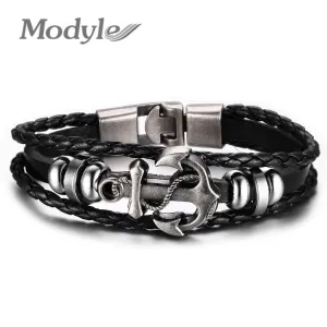 Modyle Fashion Jewelry Multilayer Stainless Steel Anchor Bracelet for Women Leather Bracelets & Bangles Men Jewelry