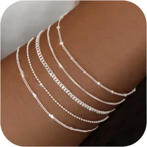 S925 Sterling Silver Bracelets Set for Women, Dainty Silver Bracelets for Women Trendy Bracelets Pack for Women, Cute Stack Sliver Bracelets Fashion Simple Silver Jewelry Gifts (Style 01)