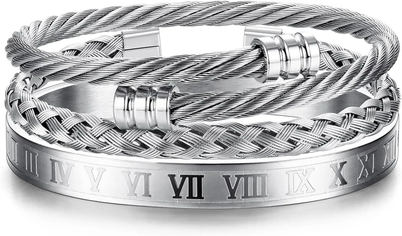 YADOCA 3Pcs Stainless Steel Bracelets for Men Roman Numeral Bangle Bracelet Adjustable Cuff Bracelet Twisted Cable Bracelet Mens Luxury Bracelets Jewelry Gifts Gold/Silver/Black
