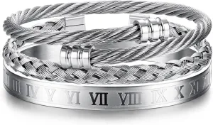 YADOCA 3Pcs Stainless Steel Bracelets for Men Roman Numeral Bangle Bracelet Adjustable Cuff Bracelet Twisted Cable Bracelet Mens Luxury Bracelets Jewelry Gifts Gold/Silver/Black